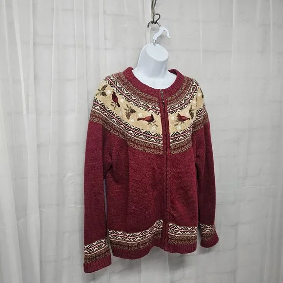 Croft & Barrow Red Cardinal Fair Isle Cardigan Zip Preppy Collegiate XL - Picture 7 of 13